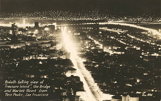 night view twin peaks Treasure Island postcard